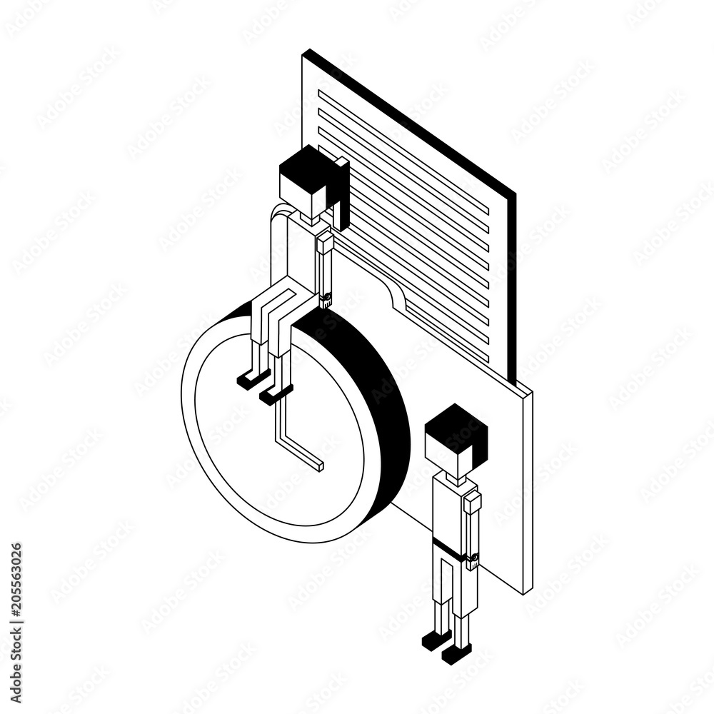 Poster folder document with time clock and people isometric icon vector illustration design