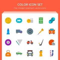 Modern Simple Set of transports, sports, video, buildings Vector flat Icons. Contains such Icons as skateboarding,  steel, sport,  cargo,  car and more on red background. Fully Editable. Pixel Perfect