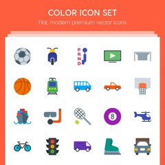 Modern Simple Set of transports, sports, video, buildings Vector flat Icons. Contains such Icons as  cycle, winter,  skating,  snorkel,  water and more on red background. Fully Editable. Pixel Perfect