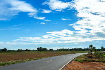 Rural roads Beside with nature and tree big green in sky with white clouds.