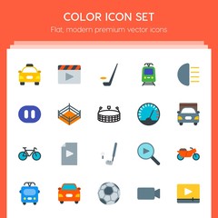 Modern Simple Set of transports, sports, video, buildings Vector flat Icons. Contains such Icons as  rink,  cinema,  sport,  television,  cab and more on red background. Fully Editable. Pixel Perfect