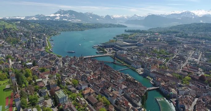 Beautiful aerial shot of the old cityof Lucerne and the Alps
