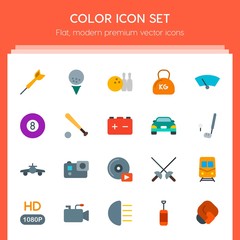 Modern Simple Set of transports, sports, video, buildings Vector flat Icons. Contains such Icons as  dart, video,  quality,  urban, sport, hd and more on red background. Fully Editable. Pixel Perfect