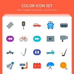 Modern Simple Set of transports, sports, video, buildings Vector flat Icons. Contains such Icons as  stadium,  race,  golf,  sport,  movie and more on red background. Fully Editable. Pixel Perfect