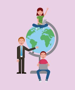 student boy girls and teacher with school globe learning vector illustration