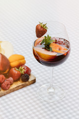 Top view of summer dinks, fruit cocktails on white wood table wi