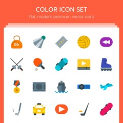 Modern Simple Set of transports, sports, video, buildings Vector flat Icons. Contains such Icons as weight,  green, sport,  golf,  movie,  cab and more on red background. Fully Editable. Pixel Perfect