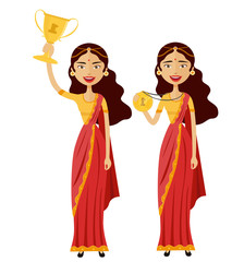 Indian woman winner smiling lady raising trophy prize medal and certificate concept cartoon isolated on white background