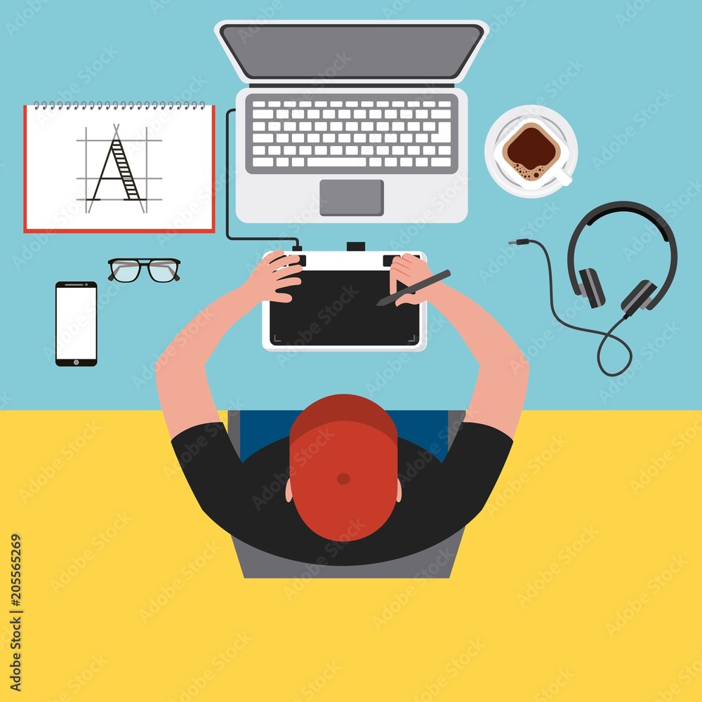 Poster top view young man designer working computer tools at desk vector illustration