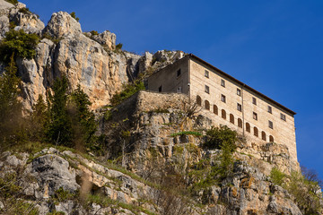 Fototapeta na wymiar Hermitage of Sant'Onofrio in Morrone perched on the mountain