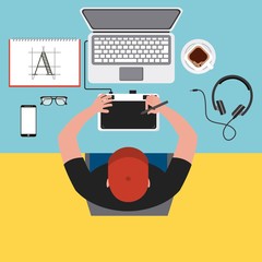 top view young man designer working computer tools at desk vector illustration