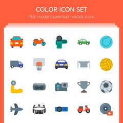 Modern Simple Set of transports, sports, video, buildings Vector flat Icons. Contains such Icons as sport,  transportation,  ball,  award,  cd and more on red background. Fully Editable. Pixel Perfect