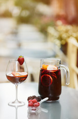Top view of summer dinks, fruit cocktails on white wood table wi