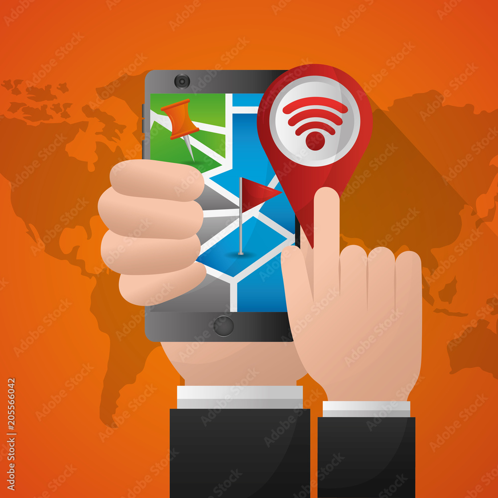 Poster hand holding mobile pointing gps navigation application vector illustration
