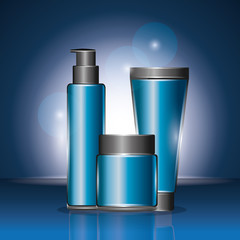 cosmetics blue containers lotion shampoo blurred background vector illustration