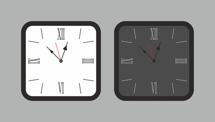 Square wall clock. White and black. isolated on gray background