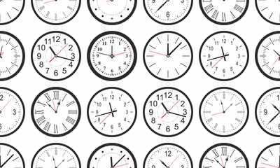 Seamless pattern with white Round wall clock. flat style. isolated on gray background