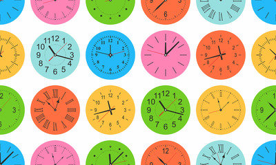 Seamless pattern with Colorful Round wall clock. flat style. isolated on white background