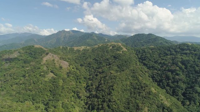 Aerial view of mountains covered with green forest, trees with blue sky. Slopes of mountains with tropical forest. Philippines, ,Luzon. Tropical landscape in Asia.