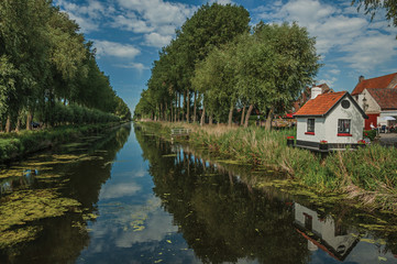 Fototapeta na wymiar Houses, bushes and grove along canal with sky reflected on water, in the late afternoon light and blue sky, near Damme. A quiet and charming countryside old village near Bruges. Northwestern Belgium.