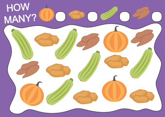 Educational game for preschool children. Count how many objects of vegetables. Leisure activity. Vector illustration.