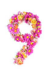 letters and numbers made from live flowers isolated on white background, make text with flowers alphabet, exclusive idea for graphic