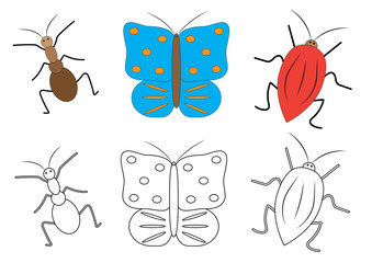 Insects cartoon. Coloring book. Game for preschool children. Vector illustration.