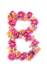letters and numbers made from live flowers isolated on white background, make text with flowers alphabet, exclusive idea for graphic