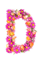 letters and numbers made from live flowers isolated on white background, make text with flowers alphabet, exclusive idea for graphic