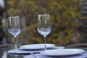 Beautiful row line of different colored alcohol cocktails on a party, martini, vodka,and others on decorated catering bouquet table on open air event, picture with beautiful bokeh