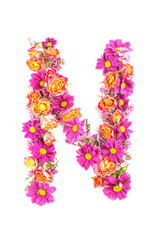 letters and numbers made from live flowers isolated on white background, make text with flowers alphabet, exclusive idea for graphic