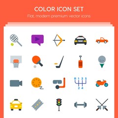 Modern Simple Set of transports, sports, video, buildings Vector flat Icons. Contains such Icons as  cinema,  stick,  movie, tennis,  gym, bow and more on red background. Fully Editable. Pixel Perfect