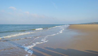 Groyne on a recreational beach in sunlight in spring protecting land from sea