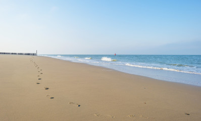 Groyne on a recreational beach in sunlight in spring protecting land from sea