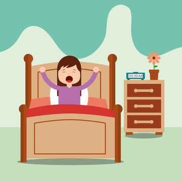 little girl wake up on bed in the morning vector illustration