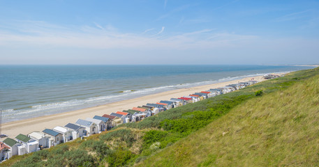 Fototapeta na wymiar Recreational beach along the North Sea viewed from a dune in spring
