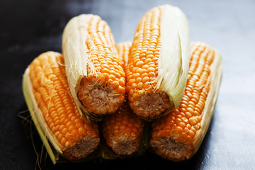Fresh corn on cobs on rustic wooden table