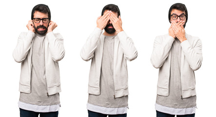 Set of Hipster man covering his eyes, ears, and mouth