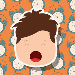 young boy face yawning clocks background vector illustration