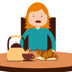 young happy girl sitting eating breakfast on table vector illustration