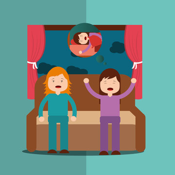 boy and girl yawning with sleep sitting on the sofa vector illustration