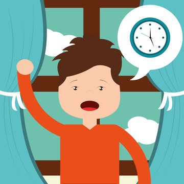 little boy wake up clock and window background vector illustration