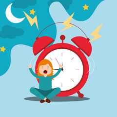 girl sitting in floor with alarm clock wake up vector illustration