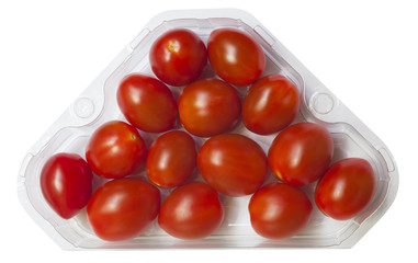 Cherry tomatoes on a branch in retail packaging. Isolated on white