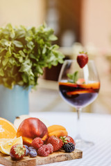 Top view of summer dinks, fruit cocktails on white wood table wi