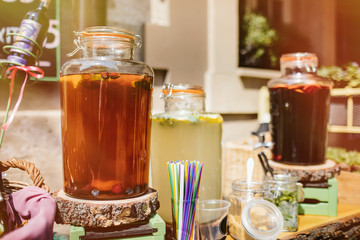 Top view of summer dinks, fruit cocktails on white wood table wi