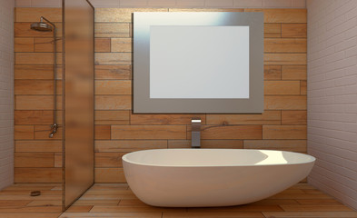 Fototapeta na wymiar Scandinavian bathroom, classic vintage interior design. 3D rendering. Blank paintings. Mockup.
