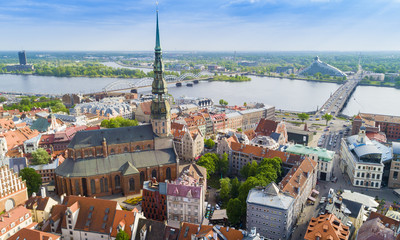 Top view on the old town with beautiful colorful buildings and streets in Riga city, Latvia, bird...
