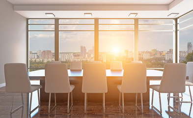 Sunset Front view of an office interior with a row of dark wood tables. 3D rendering.