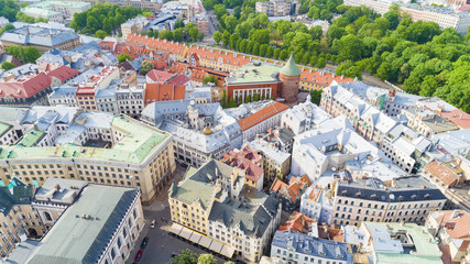 Fototapeta na wymiar Top view on the old town with beautiful colorful buildings and streets in Riga city, Latvia, bird eye view